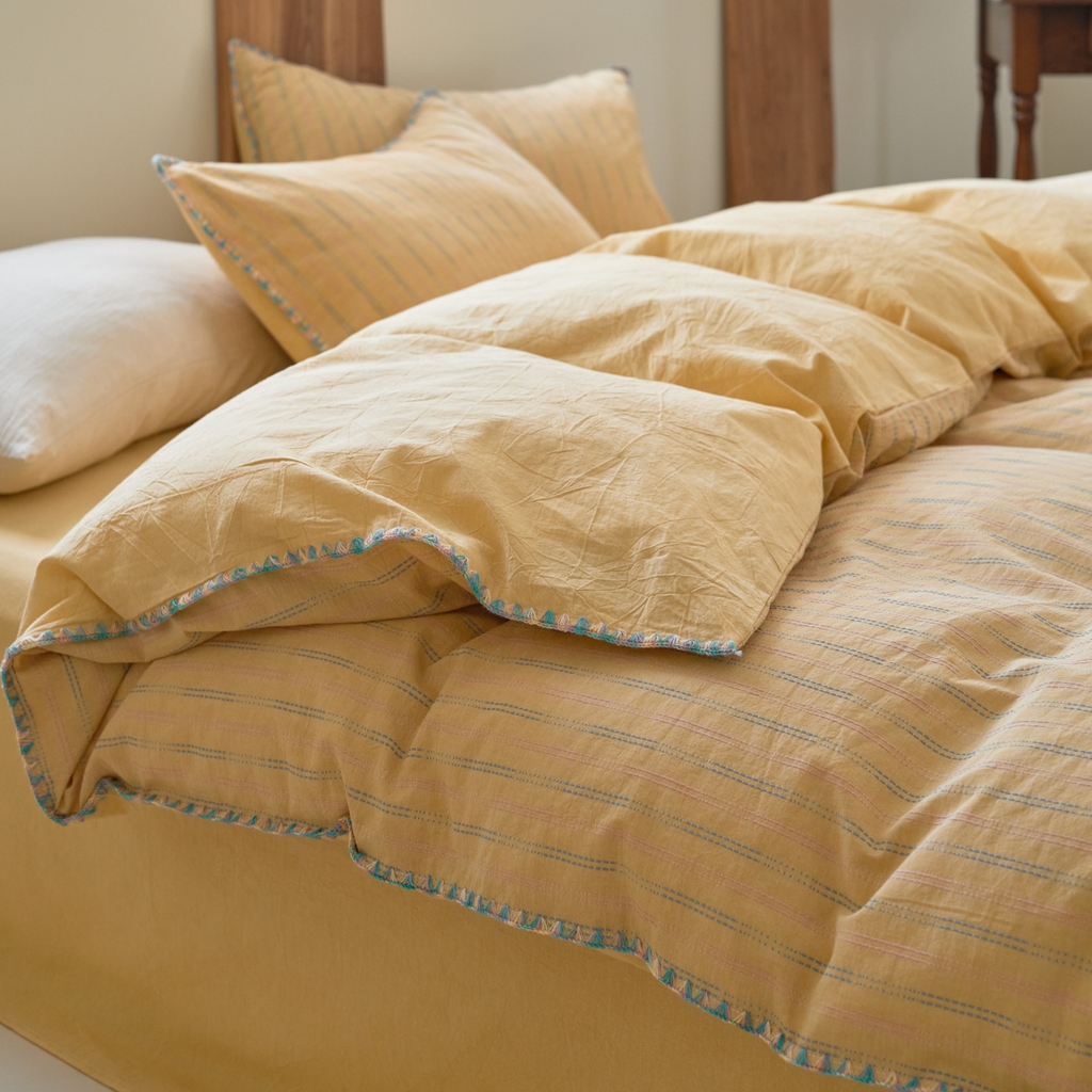 91家纺网 家纺一手货源 找家纺 洋铭区（原狠狠爱） 2025新款慕斯VS早安水洗棉彩边色织提花四件套 慕斯黄