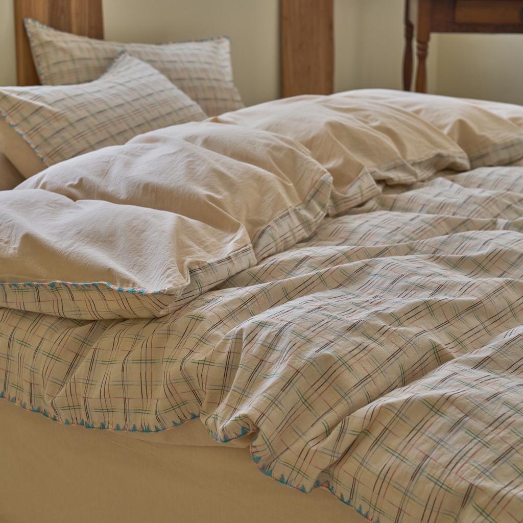 91家纺网 家纺一手货源 找家纺 洋铭区（原狠狠爱） 2025新款慕斯VS早安水洗棉彩边色织提花四件套 早安-米驼