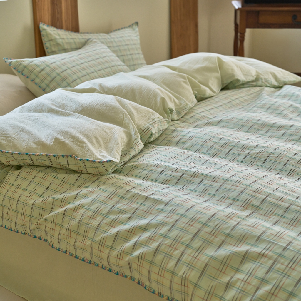 91家纺网 家纺一手货源 找家纺 洋铭区（原狠狠爱） 2025新款慕斯VS早安水洗棉彩边色织提花四件套 早安-苹果绿