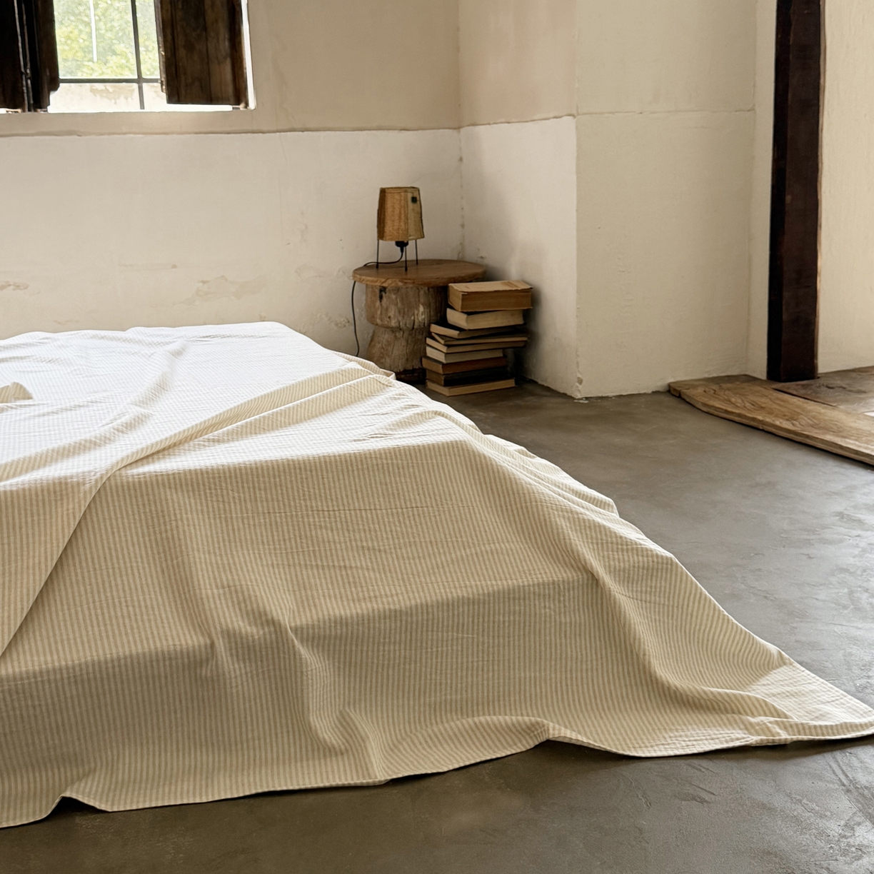 91家纺网 家纺一手货源 找家纺 例外 2025新款A类色织亚麻提花水洗棉单品-亚麻不染系列 亚麻条纹