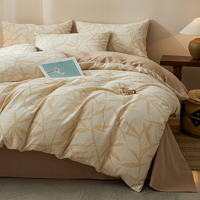 91家纺网 家纺一手货源 找家纺 莱茵家居 2025新款全棉三层纱厚织提花磨毛四件套 娑竹-木棕