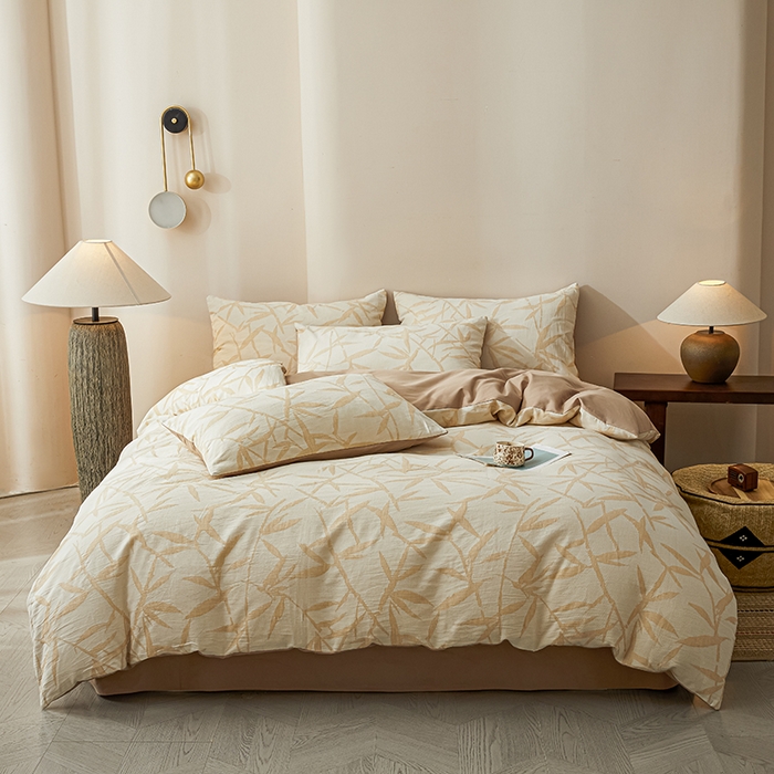 91家纺网 家纺一手货源 找家纺 莱茵家居 2025新款全棉三层纱厚织提花磨毛四件套 娑竹-木棕