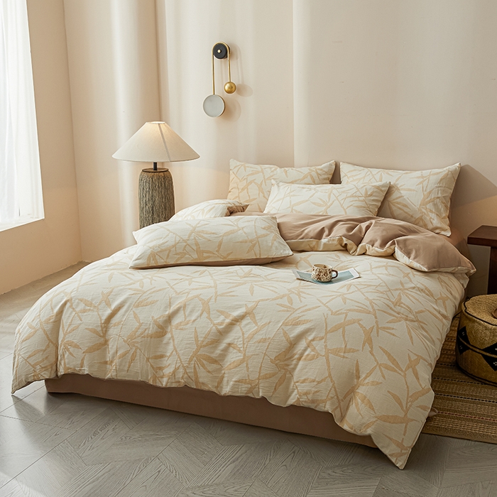 91家纺网 家纺一手货源 找家纺 莱茵家居 2025新款全棉三层纱厚织提花磨毛四件套 娑竹-木棕