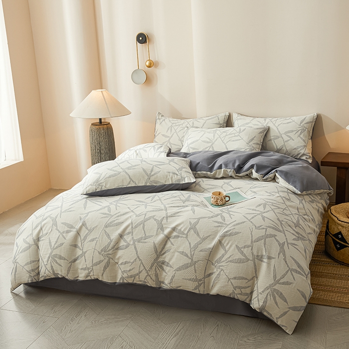 91家纺网 家纺一手货源 找家纺 莱茵家居 2025新款全棉三层纱厚织提花磨毛四件套 娑竹-雾蓝