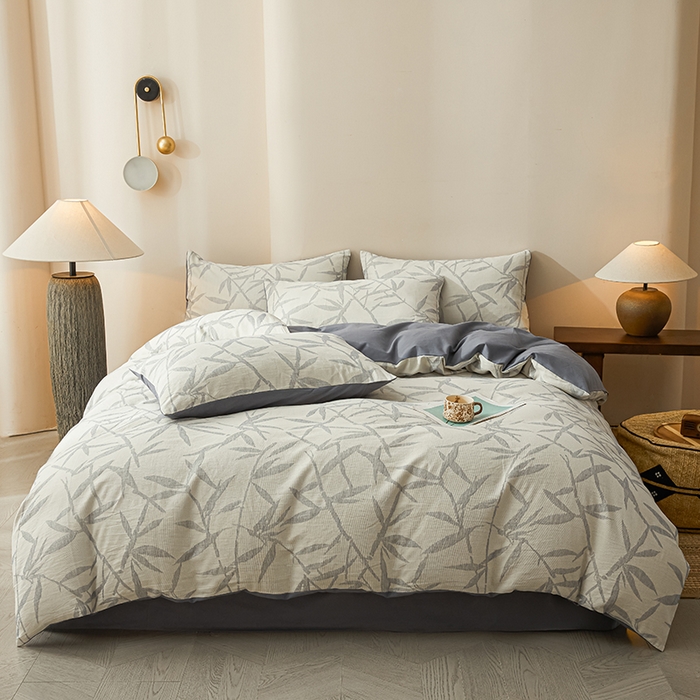 91家纺网 家纺一手货源 找家纺 莱茵家居 2025新款全棉三层纱厚织提花磨毛四件套 娑竹-雾蓝