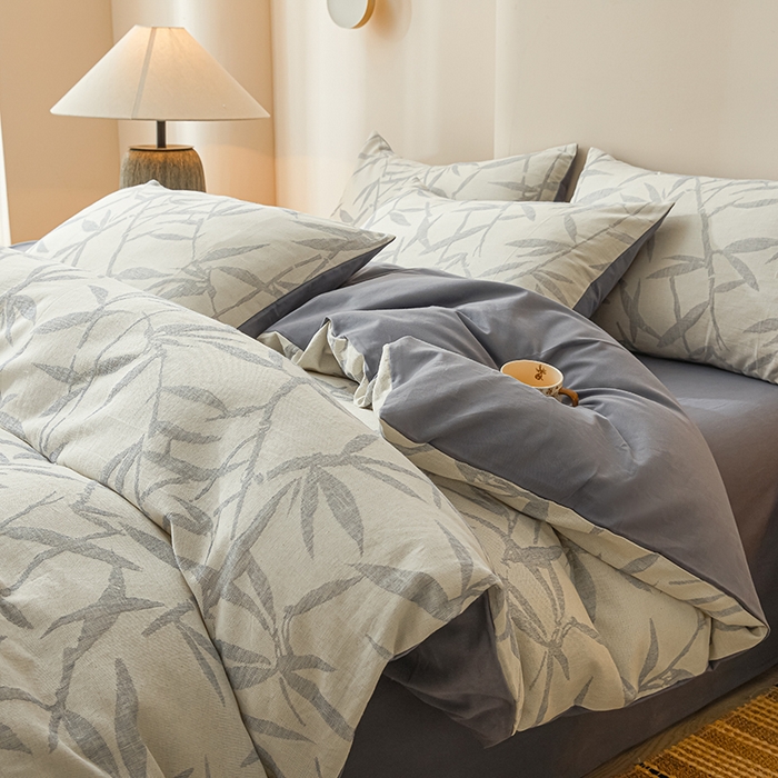 莱茵家居 2025新款全棉三层纱厚织提花磨毛四件套 娑竹-雾蓝