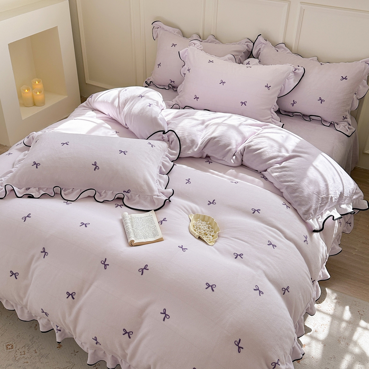 91家纺网 家纺一手货源 找家纺 优悦生活馆 2025新款花边款牛奶绒四件套-芙然 芙然-紫