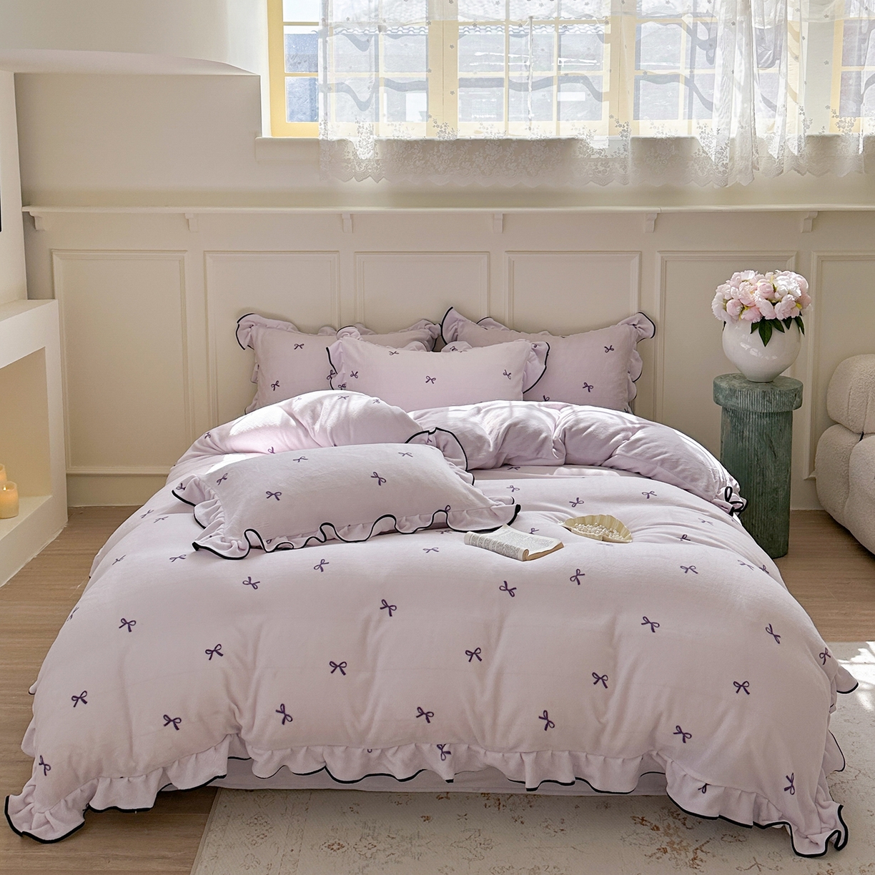 91家纺网 家纺一手货源 找家纺 优悦生活馆 2025新款花边款牛奶绒四件套-芙然 芙然-紫