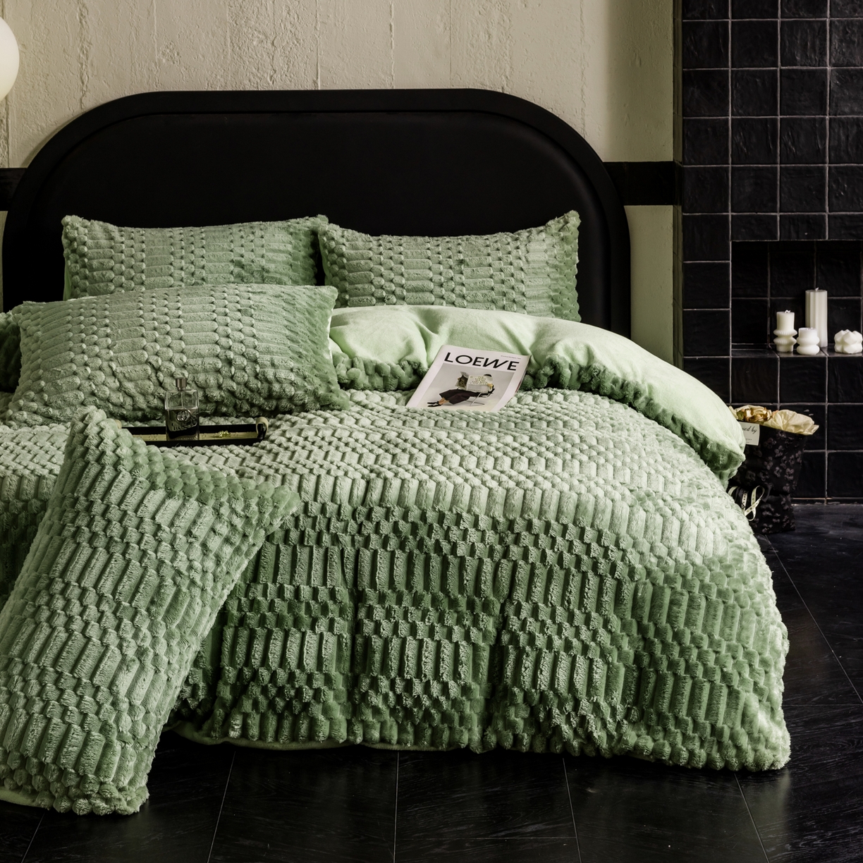 潮邦创意家居 2025新款冬季提花奶芙绒牛奶绒四件套-暖绒奶芙系列 暖绒奶芙-艾草绿
