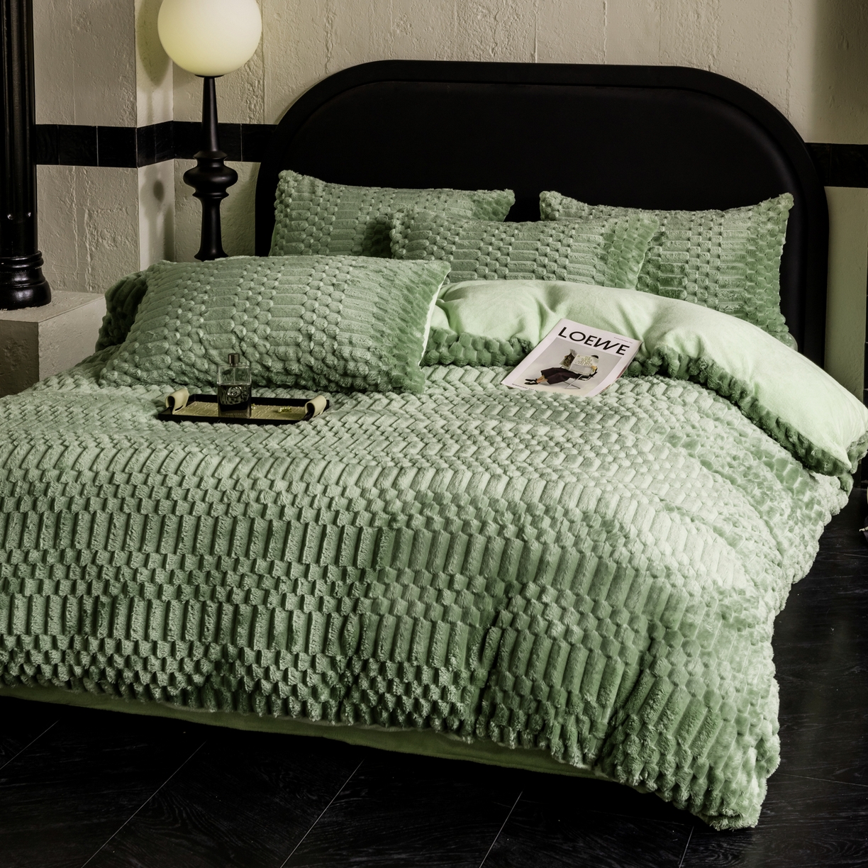 91家纺网 家纺一手货源 找家纺 潮邦创意家居 2025新款冬季提花奶芙绒牛奶绒四件套-暖绒奶芙系列 暖绒奶芙-艾草绿