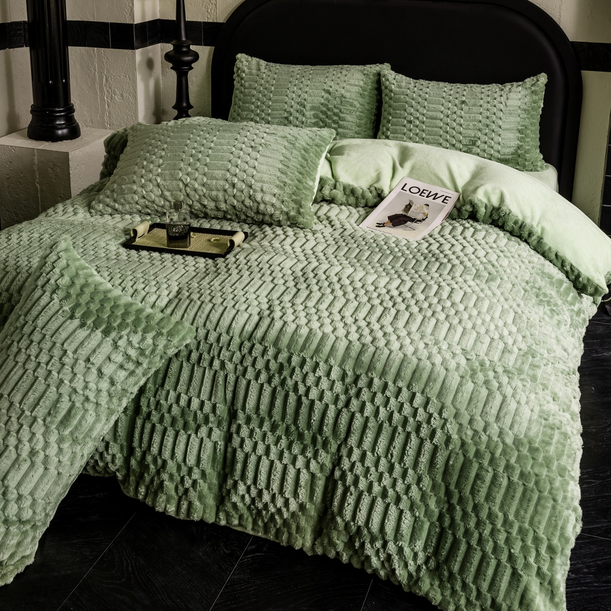 91家纺网 家纺一手货源 找家纺 潮邦创意家居 2025新款冬季提花奶芙绒牛奶绒四件套-暖绒奶芙系列 暖绒奶芙-艾草绿
