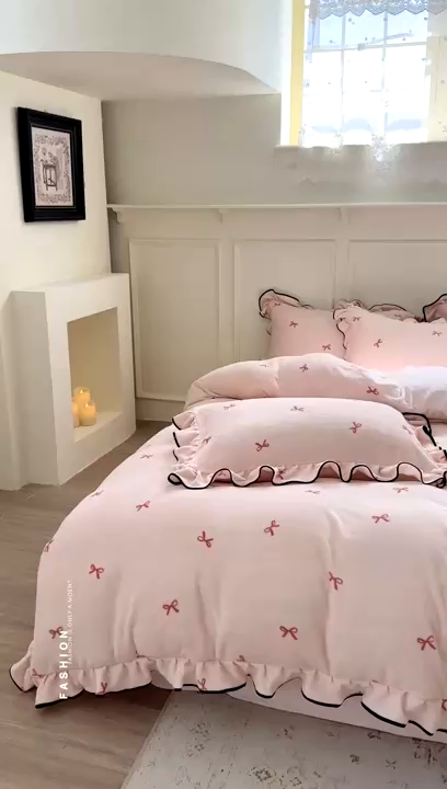 91家纺网 家纺一手货源 找家纺 优悦生活馆 2025新款花边款牛奶绒四件套-芙然 芙然-粉