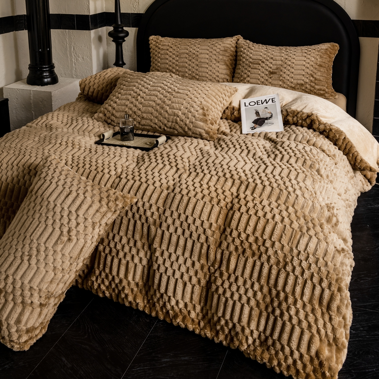 91家纺网 家纺一手货源 找家纺 潮邦创意家居 2025新款冬季提花奶芙绒牛奶绒四件套-暖绒奶芙系列 暖绒奶芙-咖