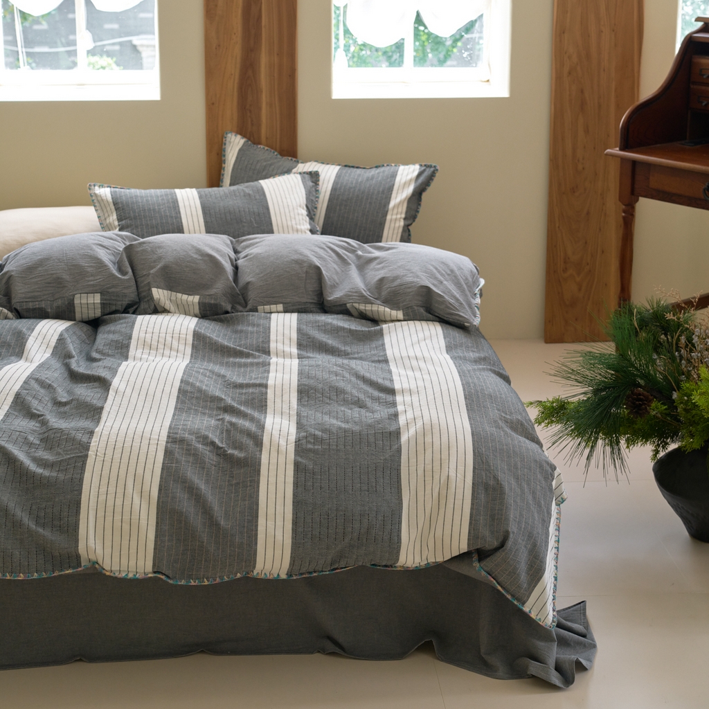 91家纺网 家纺一手货源 找家纺 洋铭区（原狠狠爱） 2025新款慕斯VS早安水洗棉彩边色织提花四件套 慕斯灰