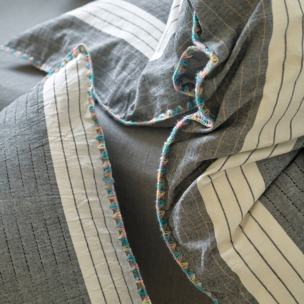 91家纺网 家纺一手货源 找家纺 洋铭区（原狠狠爱） 2025新款慕斯VS早安水洗棉彩边色织提花四件套 慕斯灰