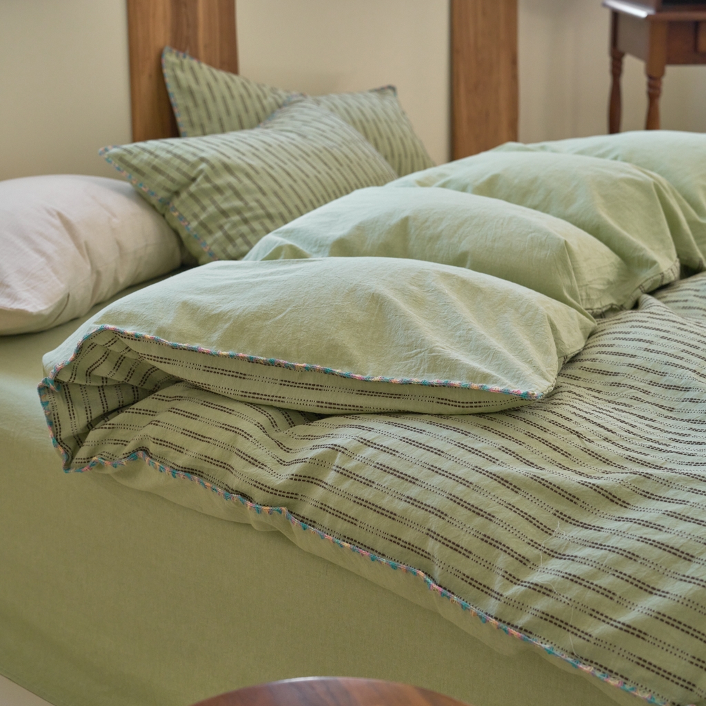 洋铭区（原狠狠爱） 2025新款慕斯VS早安水洗棉彩边色织提花四件套 慕斯绿