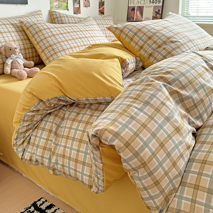 91家纺网 家纺一手货源 找家纺 （总）南通菲度家纺 2025新款ins博主风软糯糯亲肤印花热款纯色格子无印风水洗棉时尚四件套