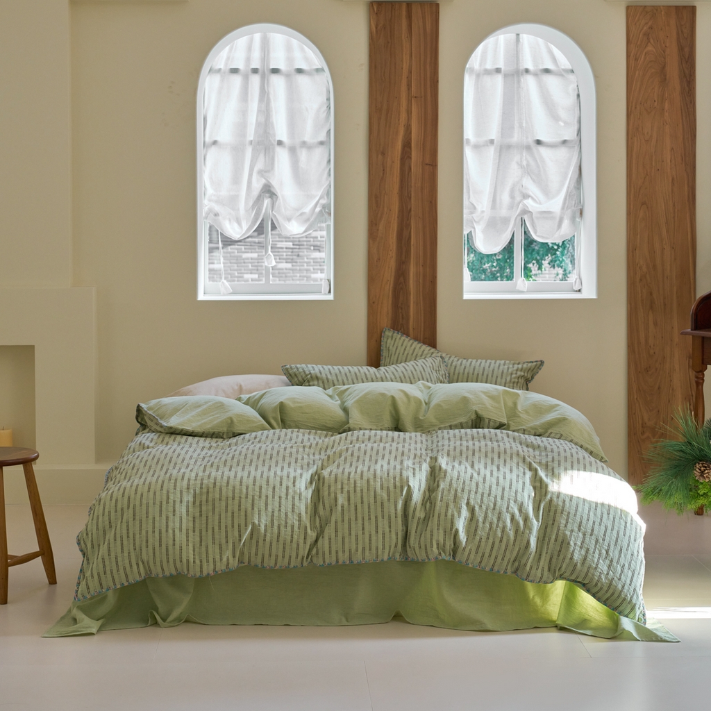 91家纺网 家纺一手货源 找家纺 洋铭区（原狠狠爱） 2025新款慕斯VS早安水洗棉彩边色织提花四件套 慕斯绿