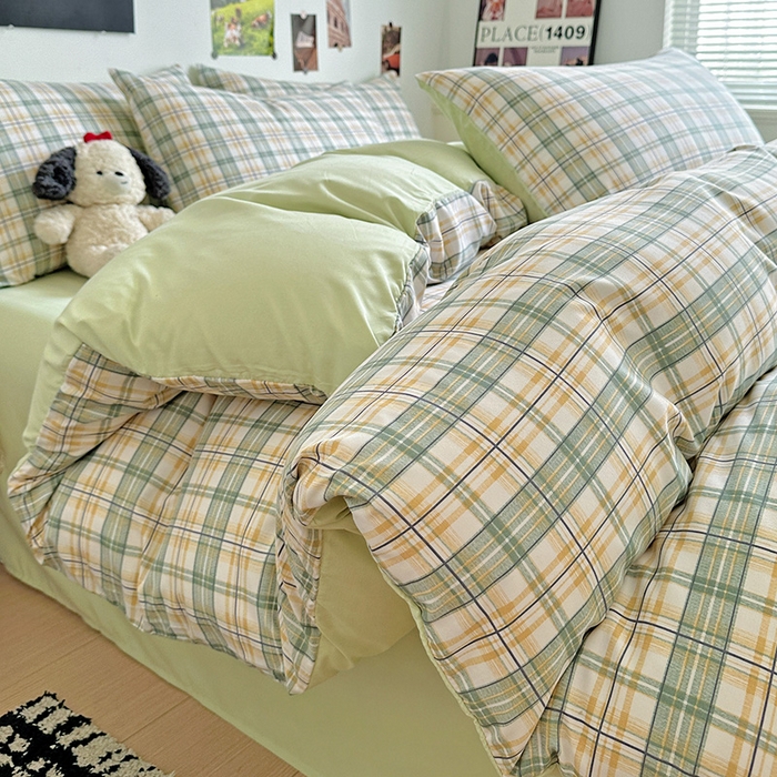 91家纺网 家纺一手货源 找家纺 （总）南通菲度家纺 2025新款ins博主风软糯糯亲肤印花热款纯色格子无印风水洗棉时尚四件套