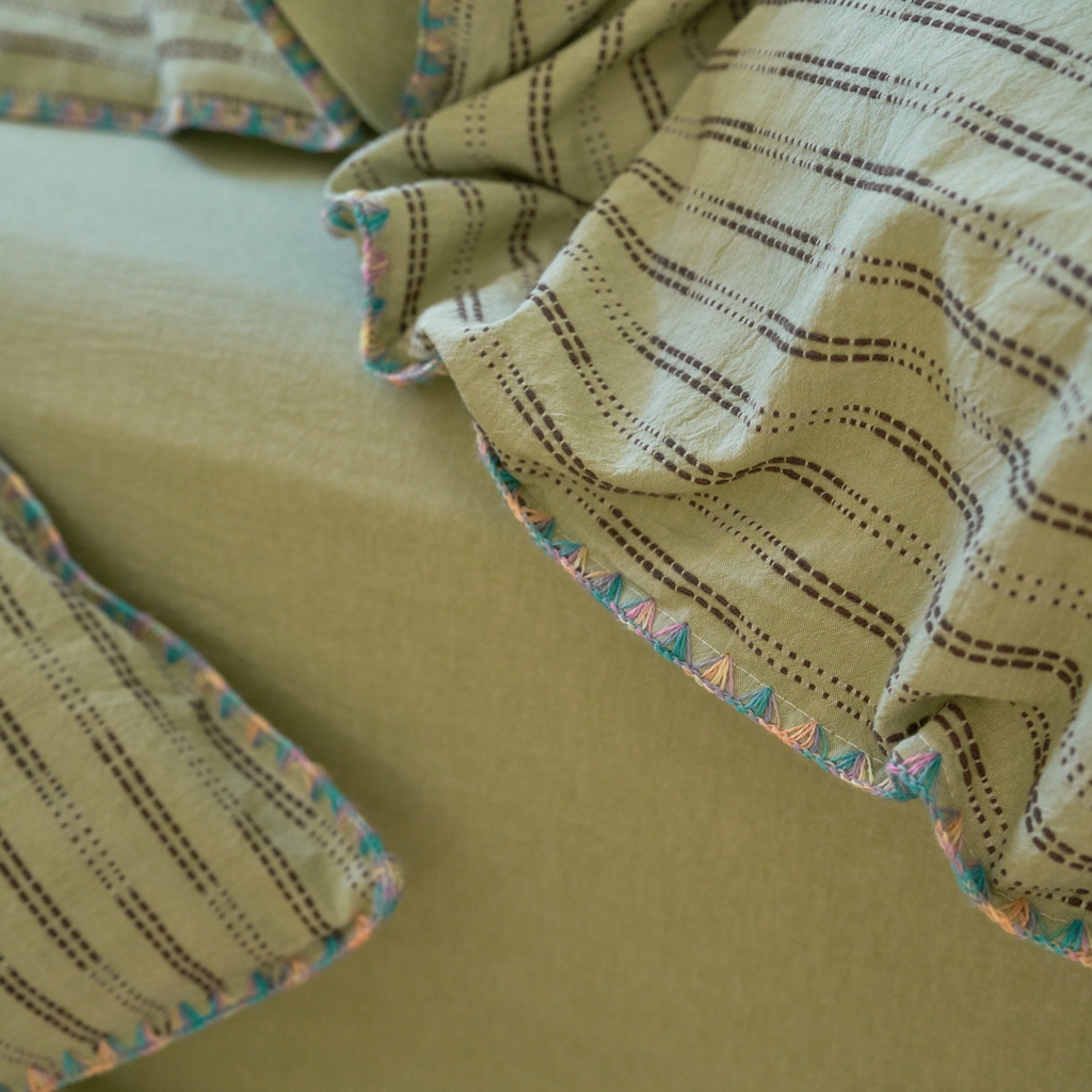 91家纺网 家纺一手货源 找家纺 洋铭区（原狠狠爱） 2025新款慕斯VS早安水洗棉彩边色织提花四件套 慕斯绿