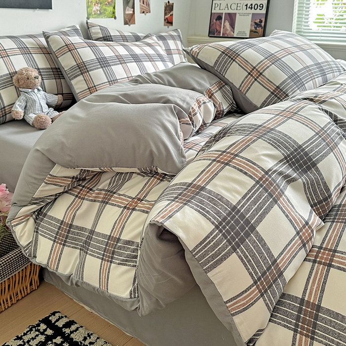 91家纺网 家纺一手货源 找家纺 （总）南通菲度家纺 2025新款ins博主风软糯糯亲肤印花热款纯色格子无印风水洗棉时尚四件套