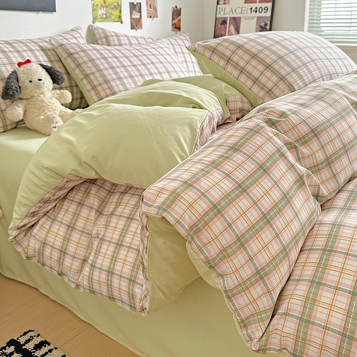 91家纺网 家纺一手货源 找家纺 （总）南通菲度家纺 2025新款ins博主风软糯糯亲肤印花热款纯色格子无印风水洗棉时尚四件套