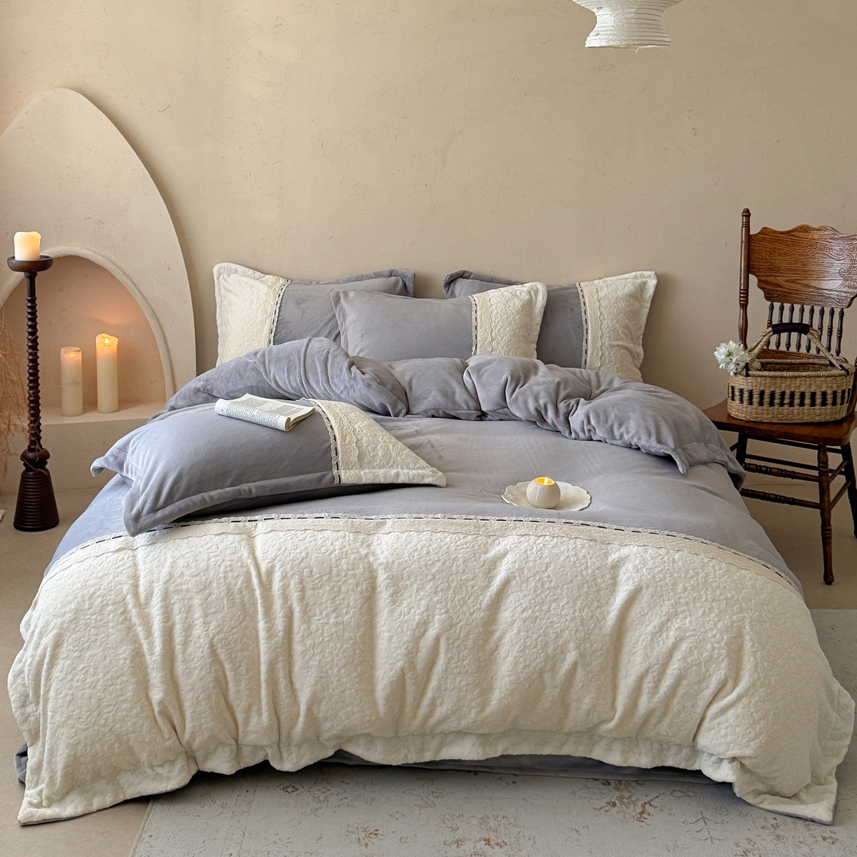 91家纺网 家纺一手货源 找家纺 优悦生活馆 2025新款牛奶绒纯色双拼四件套-瑞丽 瑞丽-白