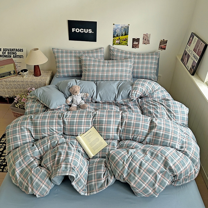 91家纺网 家纺一手货源 找家纺 南通菲度家纺 2025新款ins博主风软糯糯亲肤印花热款纯色格子无印风水洗棉时尚四件套 安卡拉