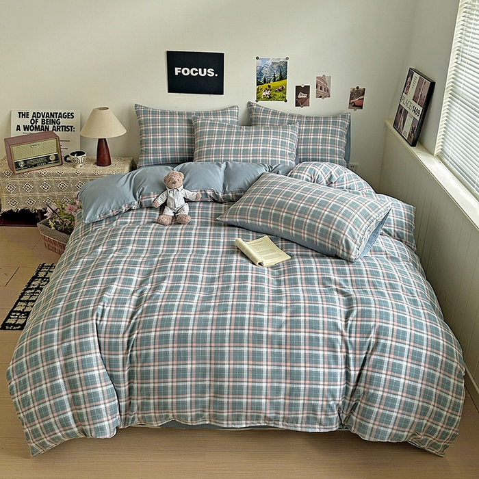 91家纺网 家纺一手货源 找家纺 南通菲度家纺 2025新款ins博主风软糯糯亲肤印花热款纯色格子无印风水洗棉时尚四件套 安卡拉