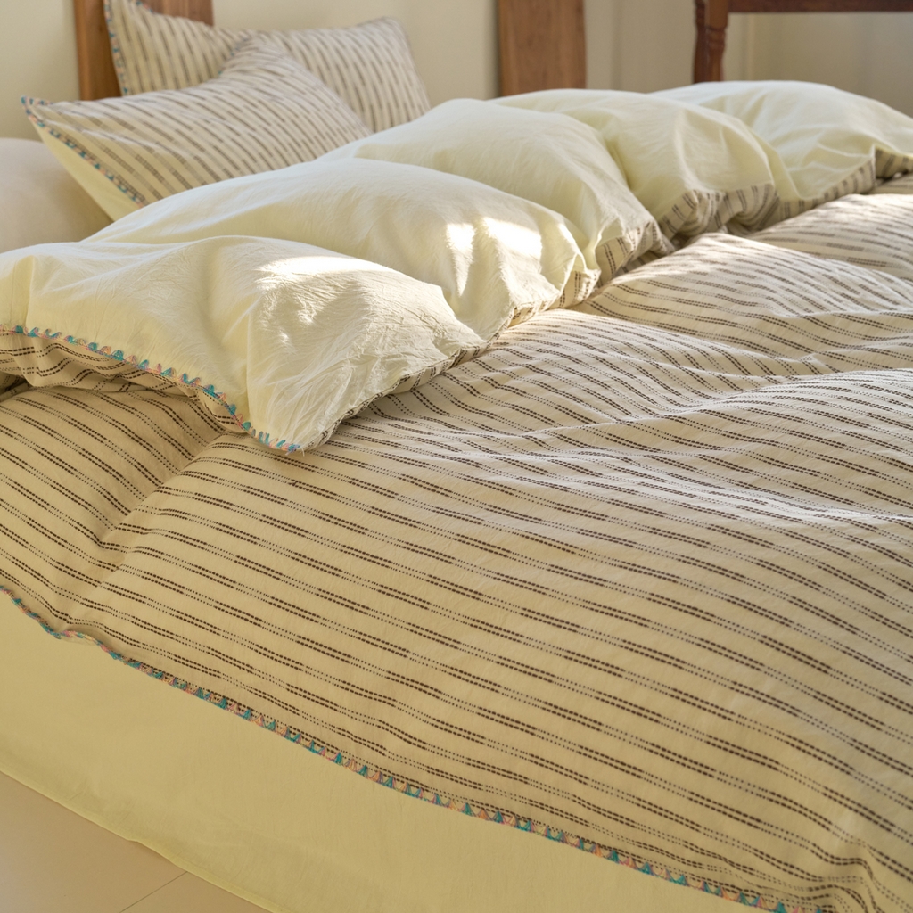 洋铭区（原狠狠爱） 2025新款慕斯VS早安水洗棉彩边色织提花四件套 慕斯浅奶黄