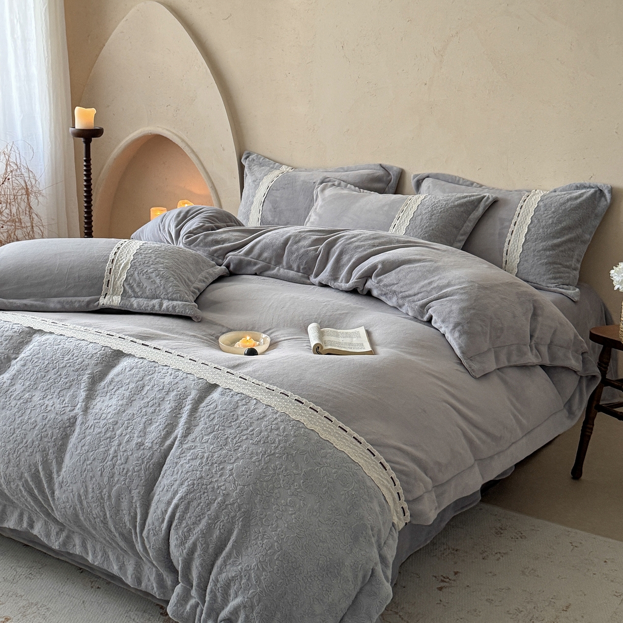 优悦生活馆 2025新款牛奶绒纯色双拼四件套-瑞丽 瑞丽-灰