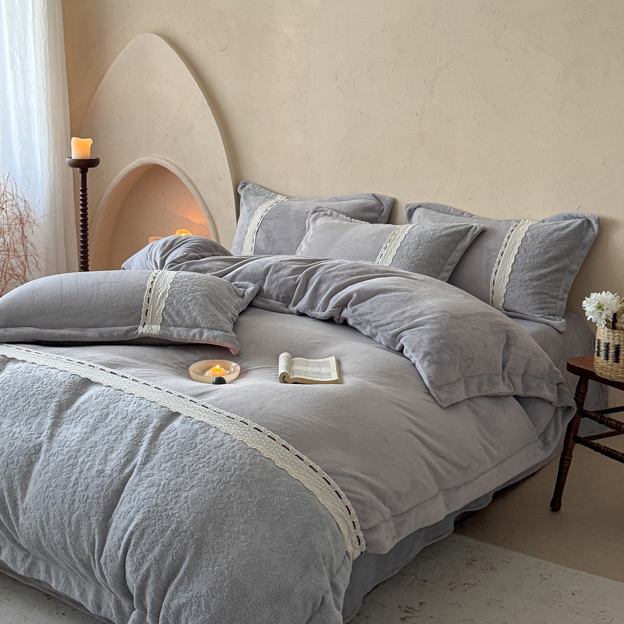 91家纺网 家纺一手货源 找家纺 优悦生活馆 2025新款牛奶绒纯色双拼四件套-瑞丽 瑞丽-灰