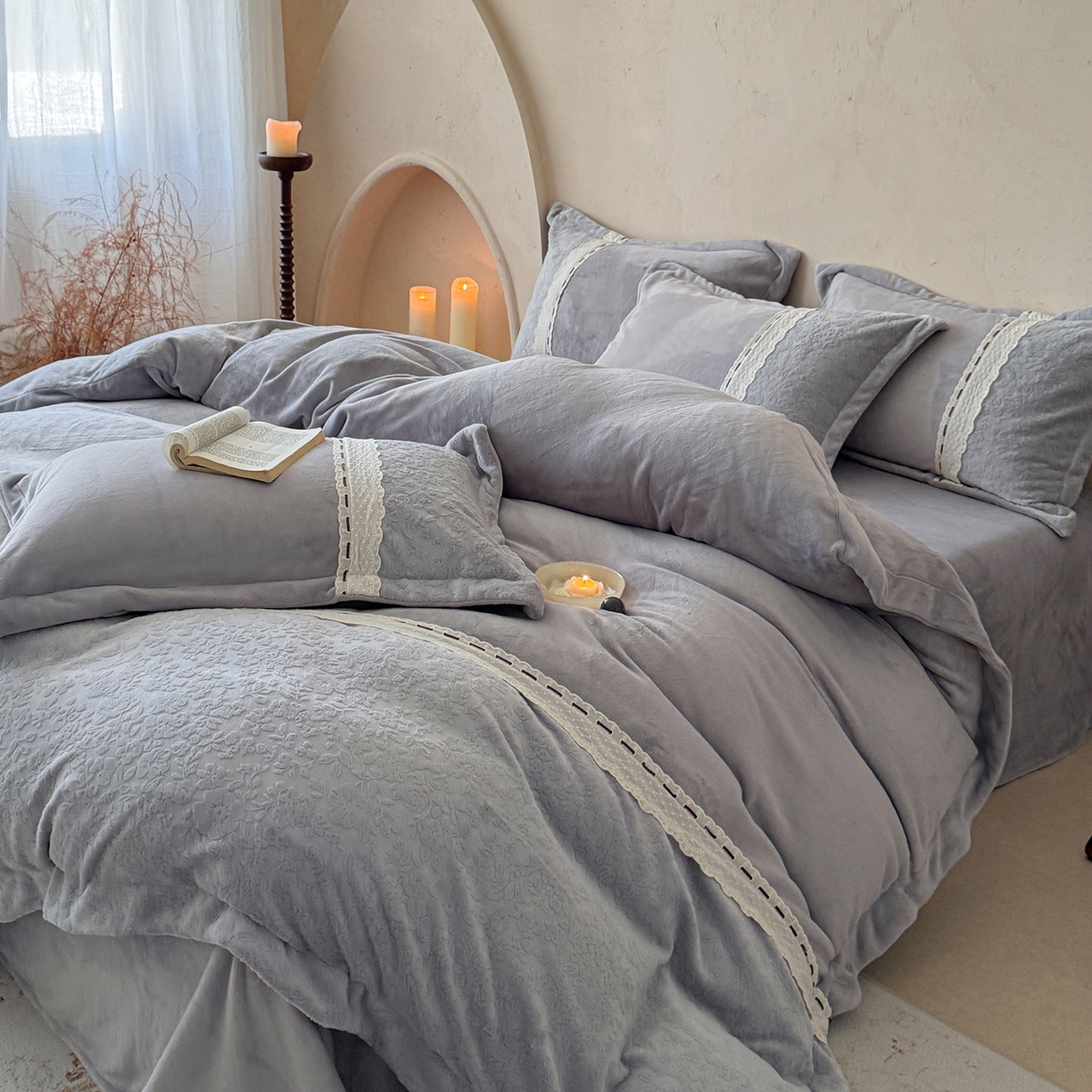 91家纺网 家纺一手货源 找家纺 优悦生活馆 2025新款牛奶绒纯色双拼四件套-瑞丽 瑞丽-灰