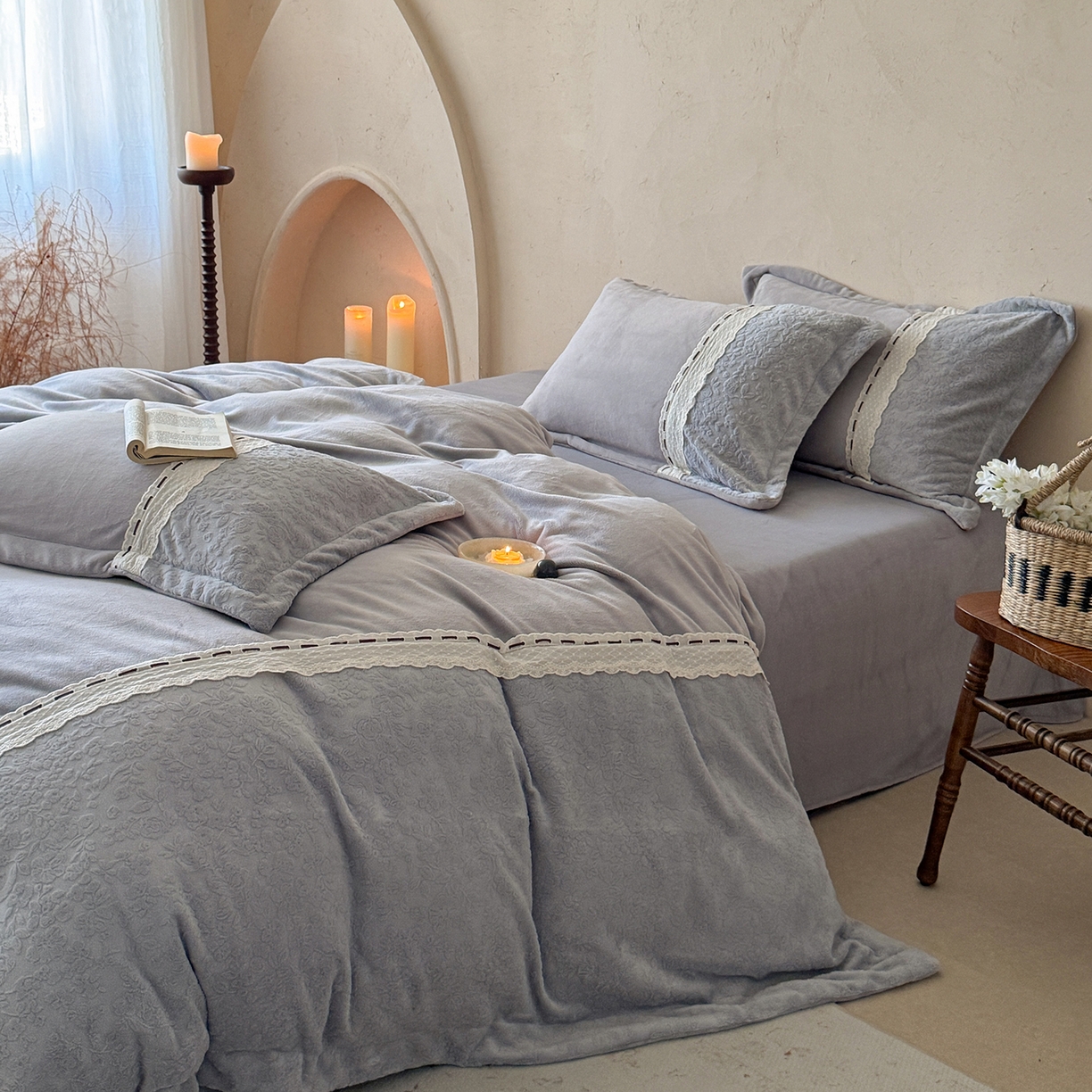 91家纺网 家纺一手货源 找家纺 优悦生活馆 2025新款牛奶绒纯色双拼四件套-瑞丽 瑞丽-灰