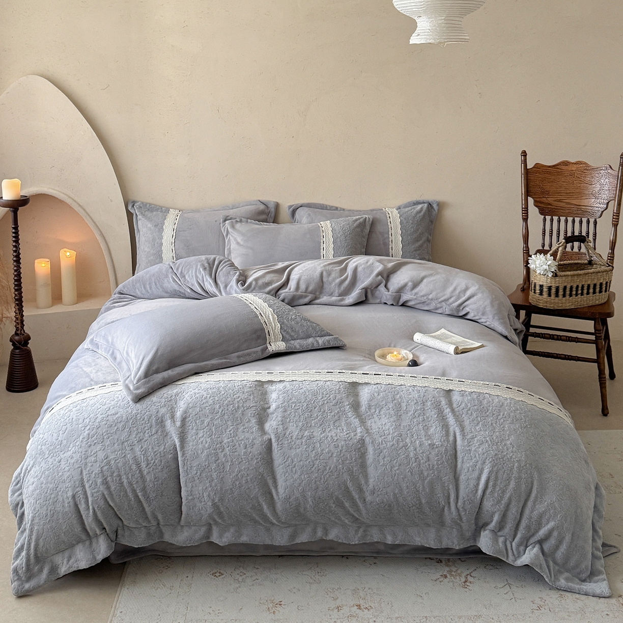 91家纺网 家纺一手货源 找家纺 优悦生活馆 2025新款牛奶绒纯色双拼四件套-瑞丽 瑞丽-灰