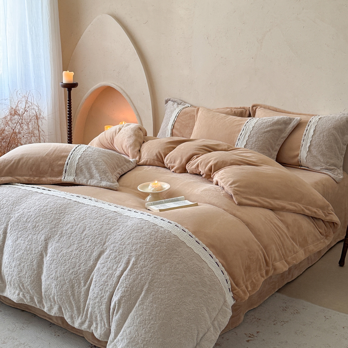 优悦生活馆 2025新款牛奶绒纯色双拼四件套-瑞丽 瑞丽-卡其