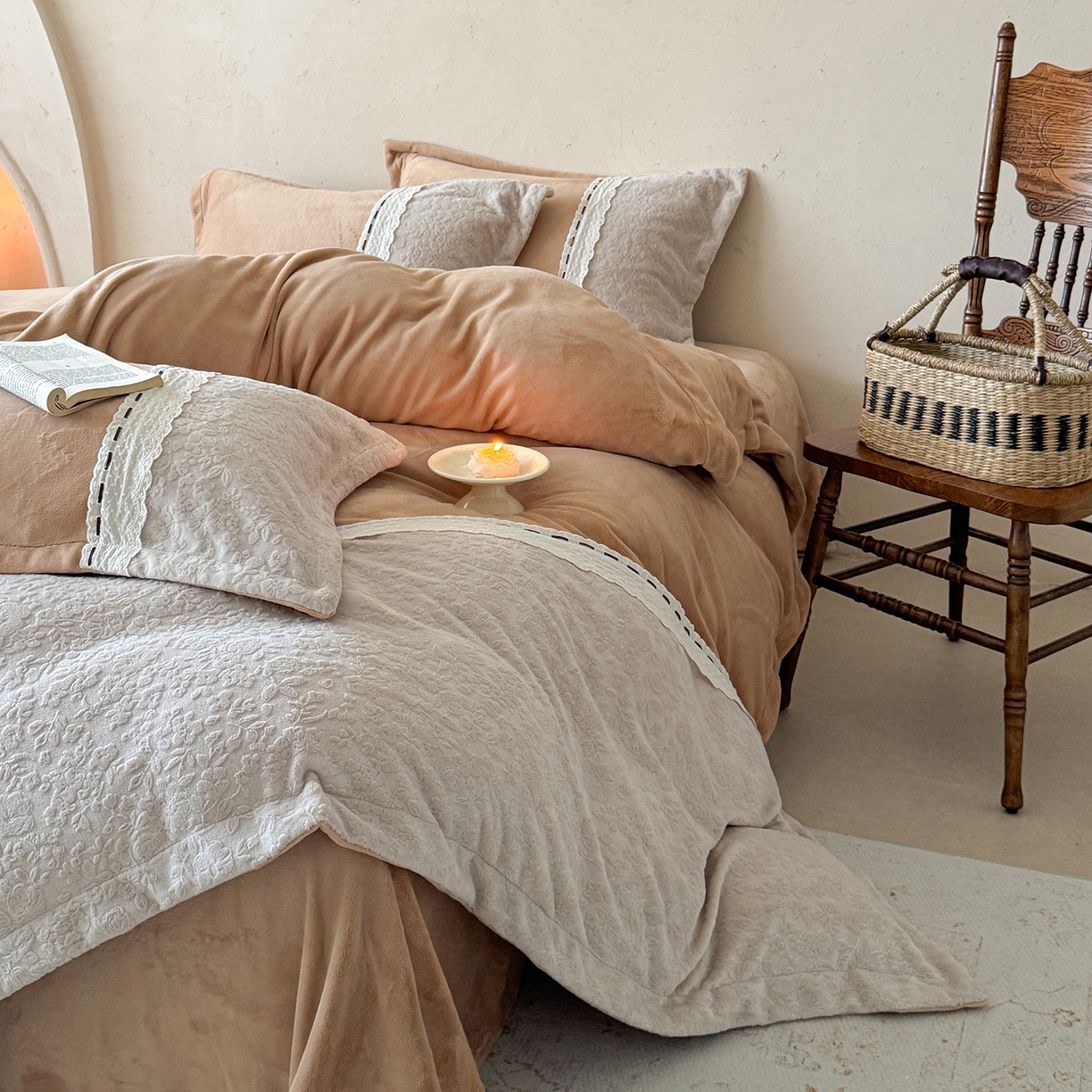 91家纺网 家纺一手货源 找家纺 优悦生活馆 2025新款牛奶绒纯色双拼四件套-瑞丽 瑞丽-卡其