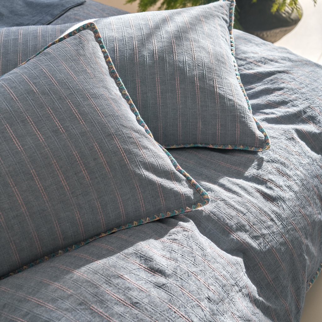 91家纺网 家纺一手货源 找家纺 洋铭区（原狠狠爱） 2025新款慕斯VS早安水洗棉彩边色织提花四件套 慕斯深蓝