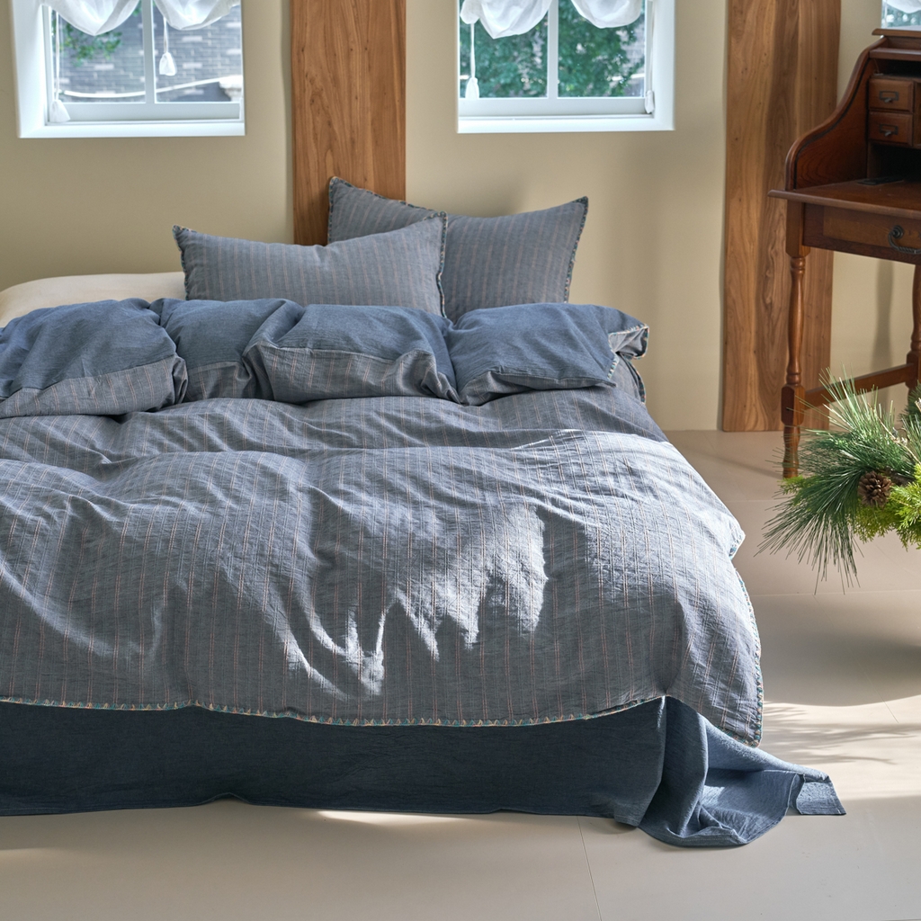 91家纺网 家纺一手货源 找家纺 洋铭区（原狠狠爱） 2025新款慕斯VS早安水洗棉彩边色织提花四件套 慕斯深蓝