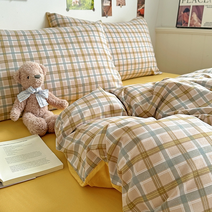 91家纺网 家纺一手货源 找家纺 南通菲度家纺 2025新款ins博主风软糯糯亲肤印花热款纯色格子无印风水洗棉时尚四件套 比利时