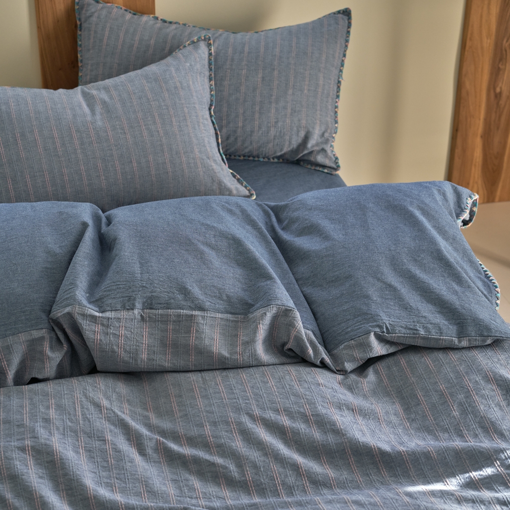 91家纺网 家纺一手货源 找家纺 洋铭区（原狠狠爱） 2025新款慕斯VS早安水洗棉彩边色织提花四件套 慕斯深蓝