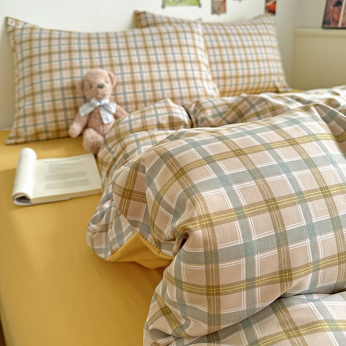 91家纺网 家纺一手货源 找家纺 南通菲度家纺 2025新款ins博主风软糯糯亲肤印花热款纯色格子无印风水洗棉时尚四件套 比利时