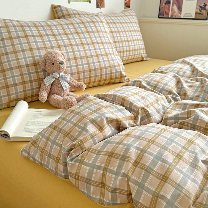 91家纺网 家纺一手货源 找家纺 南通菲度家纺 2025新款ins博主风软糯糯亲肤印花热款纯色格子无印风水洗棉时尚四件套 比利时