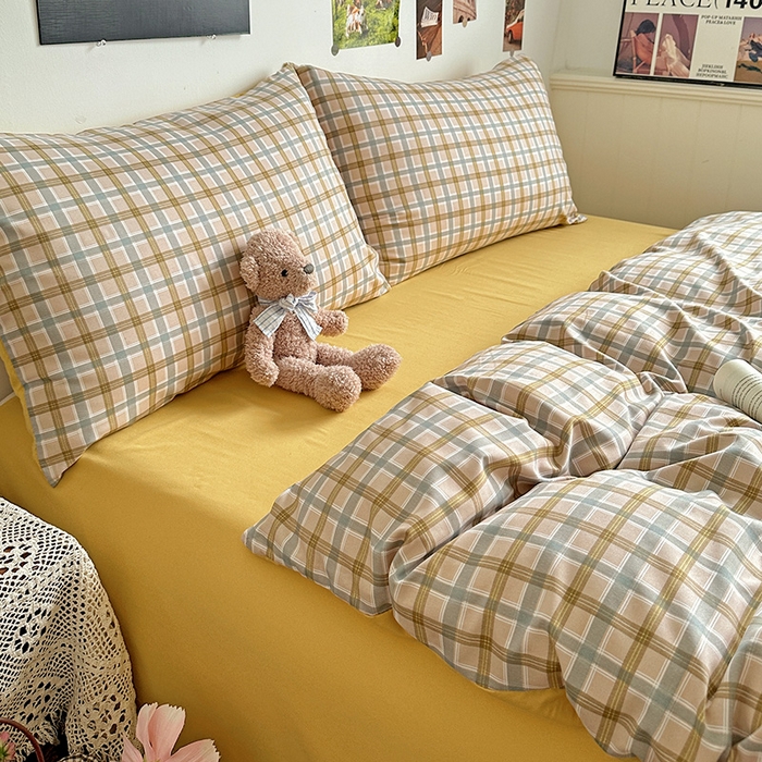 91家纺网 家纺一手货源 找家纺 南通菲度家纺 2025新款ins博主风软糯糯亲肤印花热款纯色格子无印风水洗棉时尚四件套 比利时