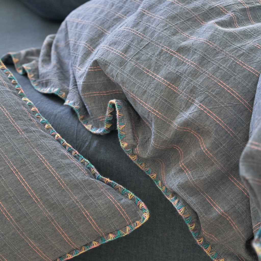 91家纺网 家纺一手货源 找家纺 洋铭区（原狠狠爱） 2025新款慕斯VS早安水洗棉彩边色织提花四件套 慕斯深蓝