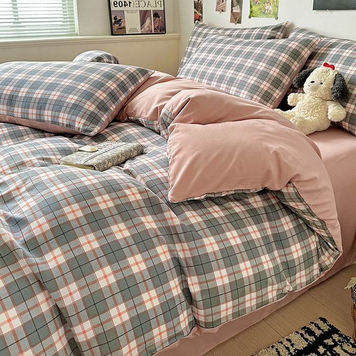 91家纺网 家纺一手货源 找家纺 南通菲度家纺 2025新款ins博主风软糯糯亲肤印花热款纯色格子无印风水洗棉时尚四件套 开罗