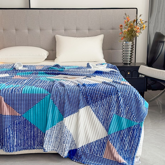 91家纺网 家纺一手货源 找家纺 璐维斯 2025新款菱形格抽条印花毛毯跨境外贸专供 菱形蓝格