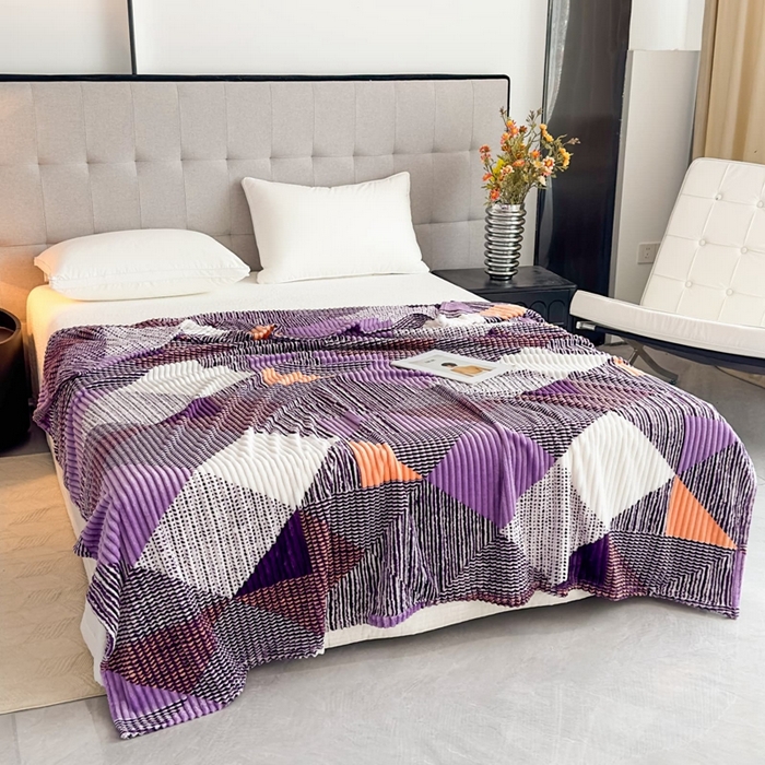 91家纺网 家纺一手货源 找家纺 璐维斯 2025新款菱形格抽条印花毛毯跨境外贸专供 菱形紫格