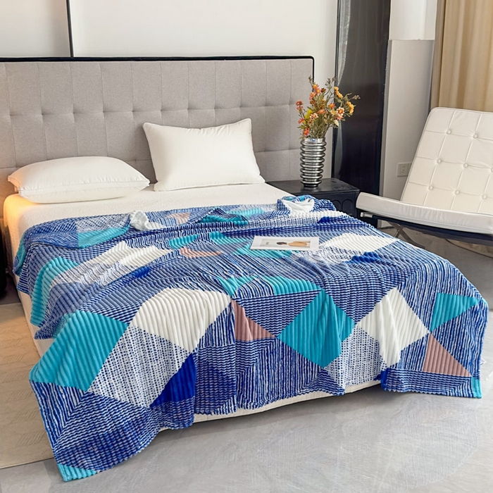 91家纺网 家纺一手货源 找家纺 璐维斯 2025新款菱形格抽条印花毛毯跨境外贸专供 菱形蓝格