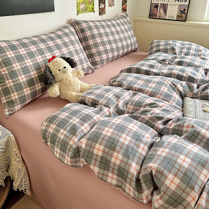 91家纺网 家纺一手货源 找家纺 南通菲度家纺 2025新款ins博主风软糯糯亲肤印花热款纯色格子无印风水洗棉时尚四件套 开罗